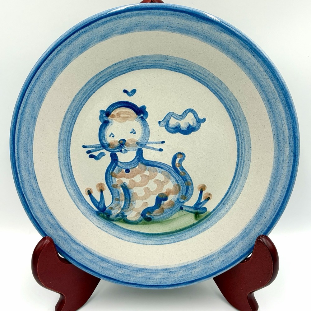 VTG MA Hadley Stoneware Plate Blue Cat Hand Painted 9" Side Salad Plate Signed